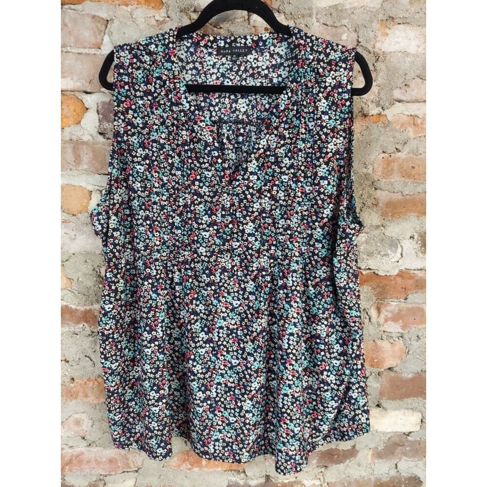 Napa Valley Floral size 2X Sleeveless Top - Black with Multi-colored flowers